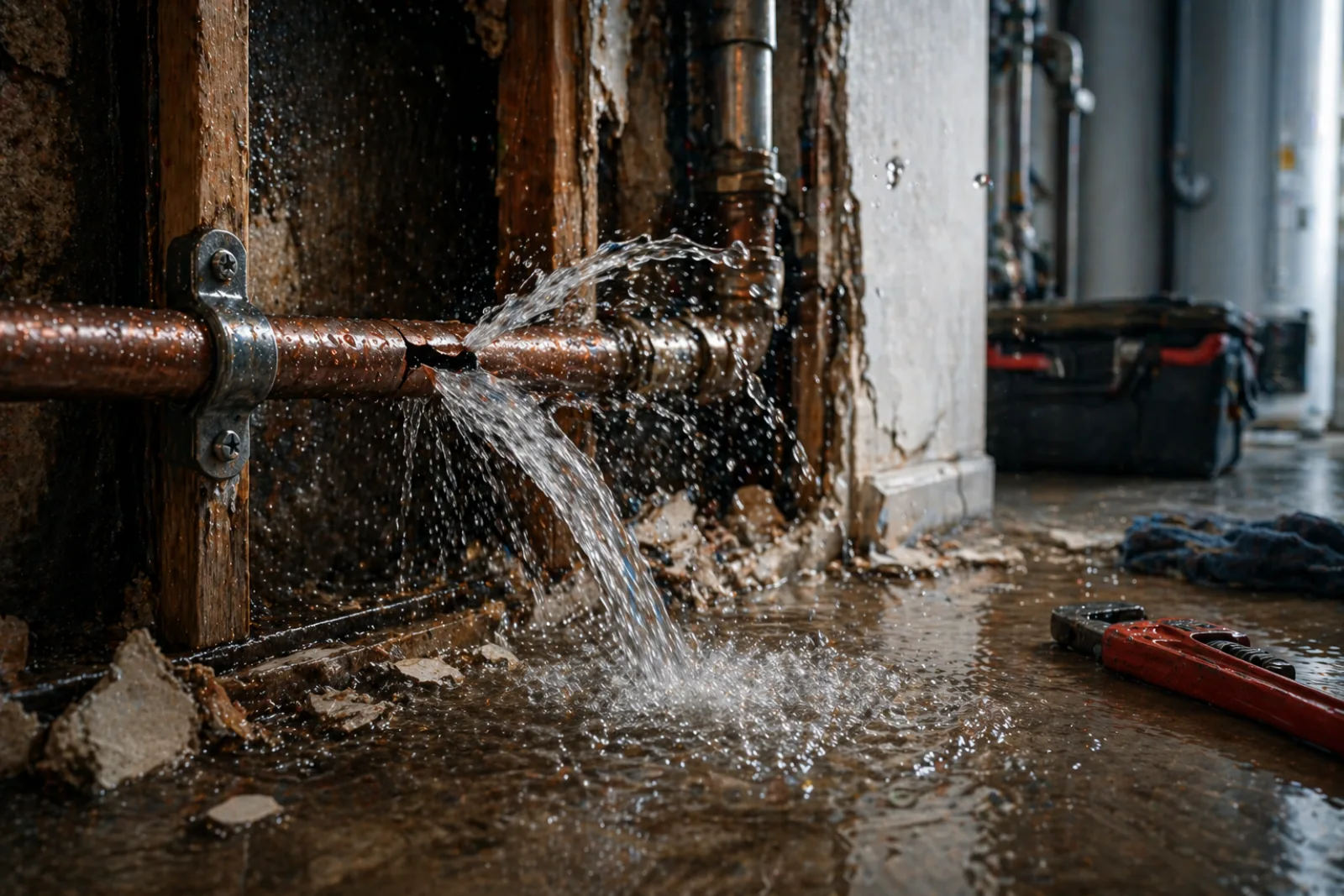 Leckende Rohre und Wasserüberschwemmung im Wohnraum
